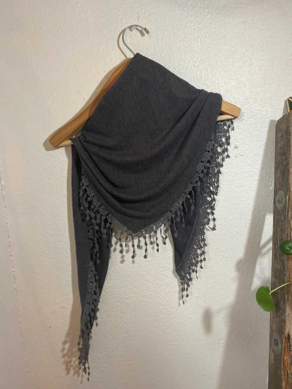 Stormcloud Grey Knit Triangle Scarf with Flower Lace Fringe - Picture 2 of 7